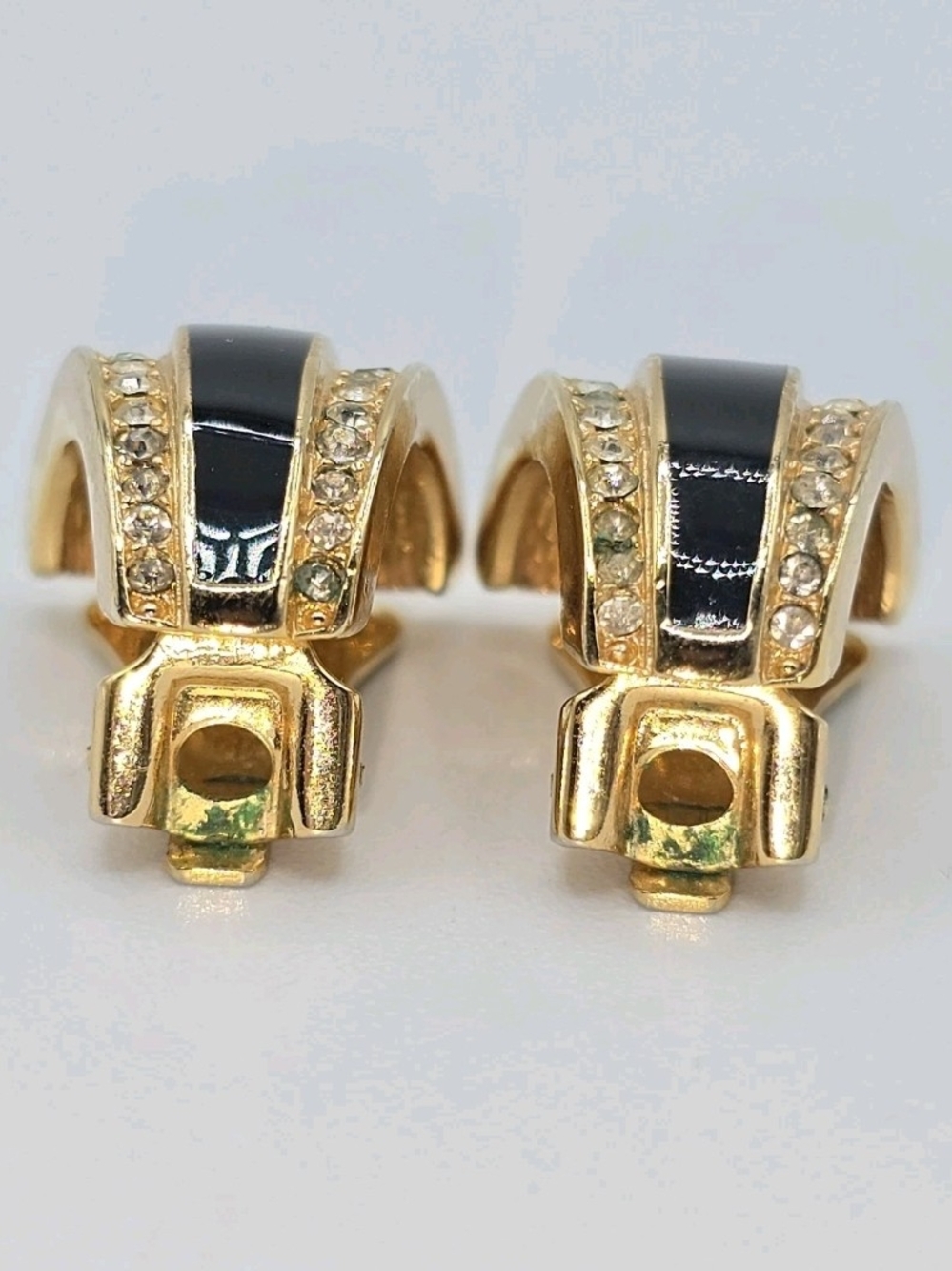 VTG Dior Gold Tone Black Enamel Rhinestone Clip Earrings Half Hoop Signed - Picture 11 of 16
